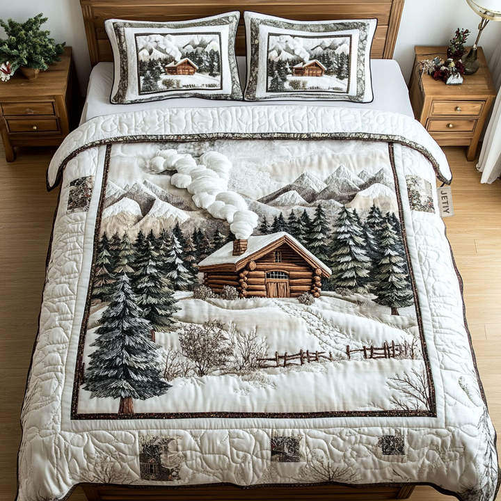 Winter Cabin Mountain 3-Piece Quilted Bedding Set