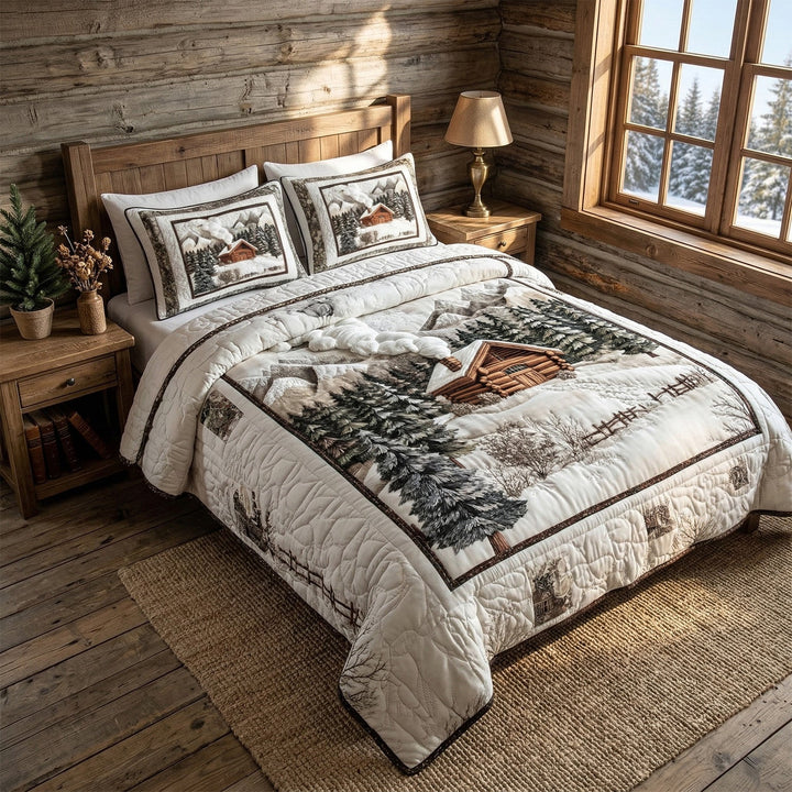 Winter Cabin Mountain 3-Piece Quilted Bedding Set