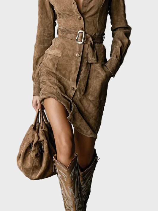 Suede midi dress with long sleeves and a flap