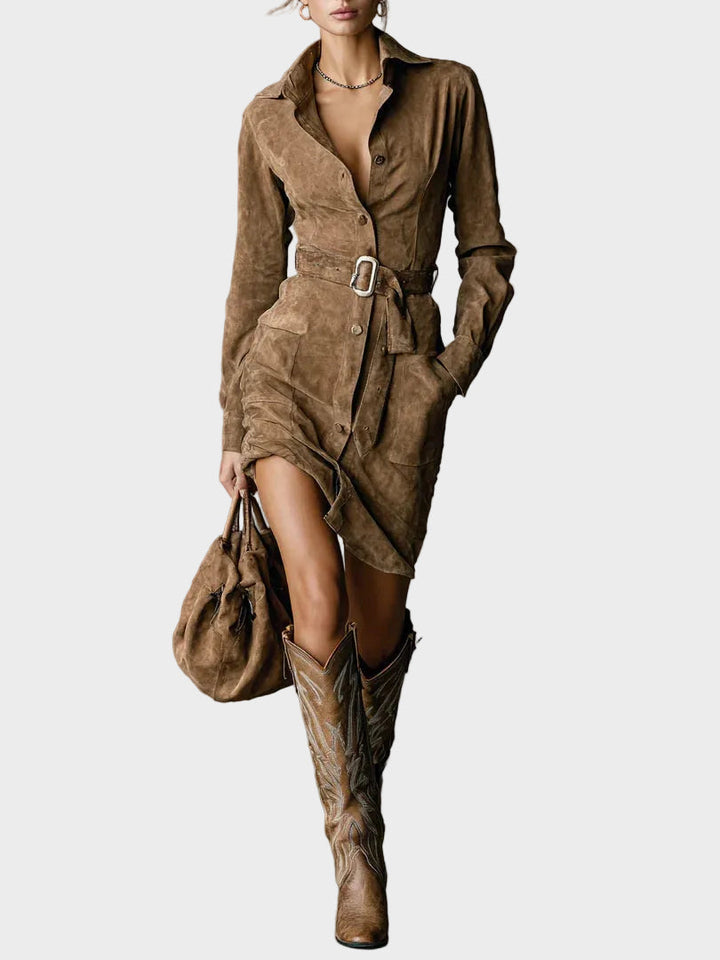 Suede midi dress with long sleeves and a flap