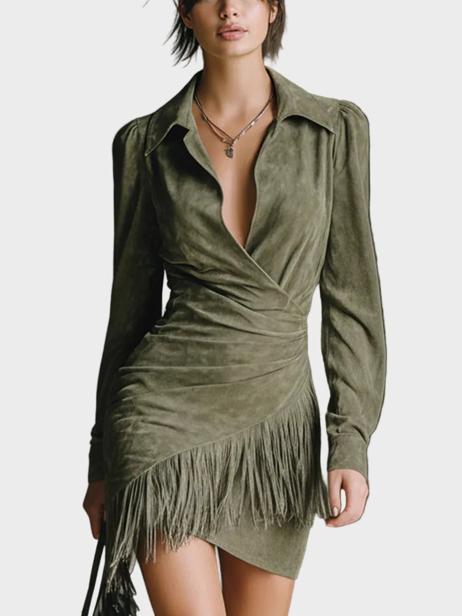 Green Viscose Mini Dress with a V-Neckline