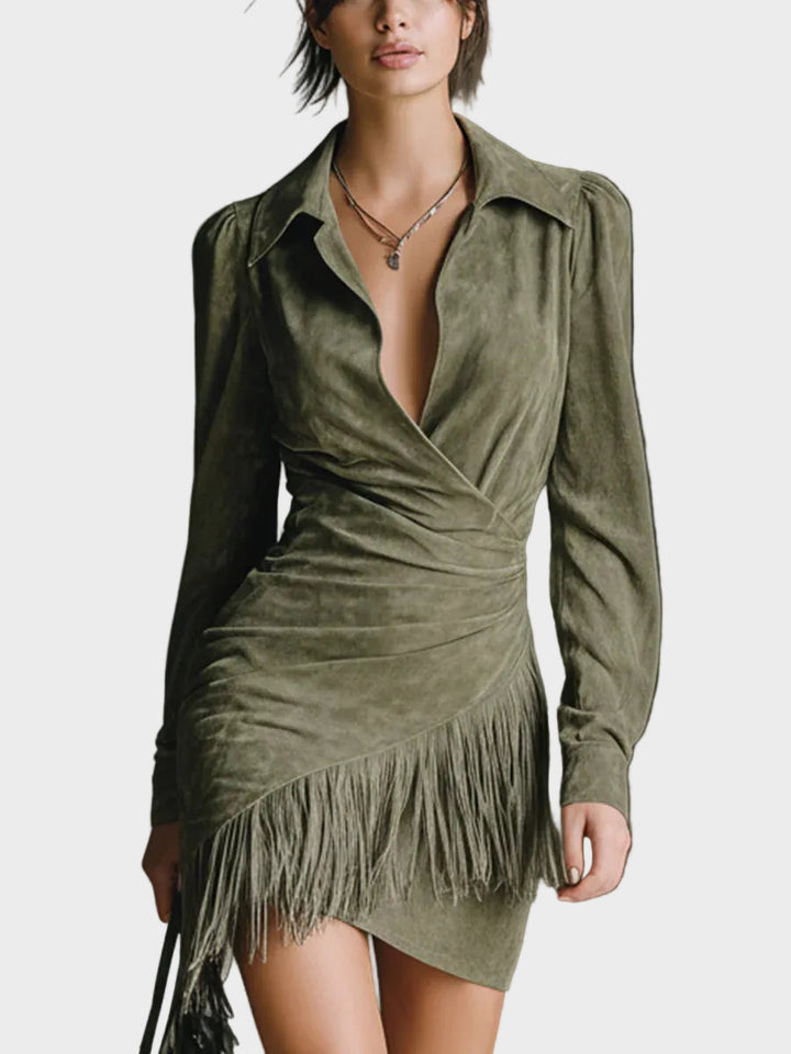 Green Viscose Mini Dress with a V-Neckline