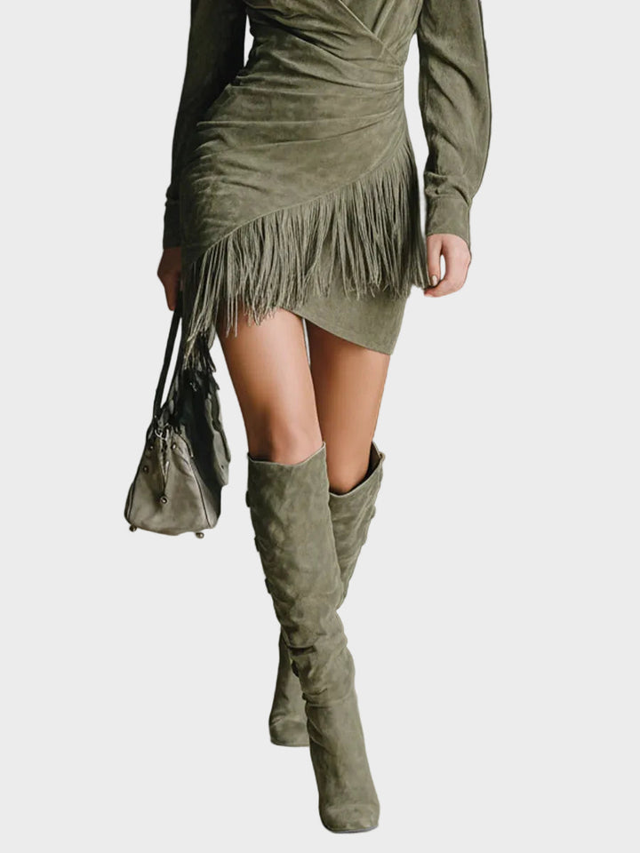 Green Viscose Mini Dress with a V-Neckline