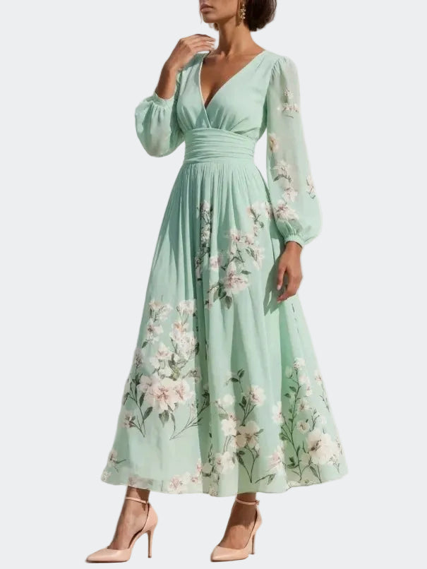 Lucija - Light Green Chiffon Midi Dress with Floral Pleat
