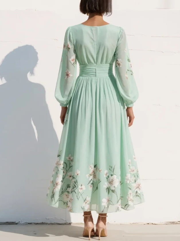 Lucija - Light Green Chiffon Midi Dress with Floral Pleat