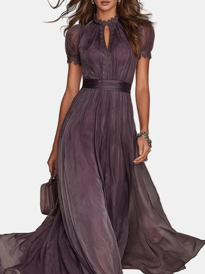 Flavia – Long purple dress with a cutout and lace trim