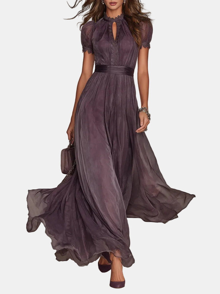 Flavia – Long purple dress with a cutout and lace trim