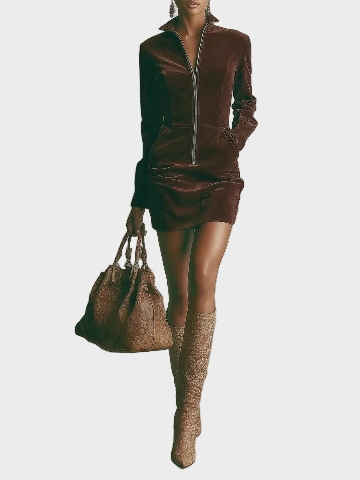 Brown Faux Suede Mini Dress with Stand Collar and Zipper