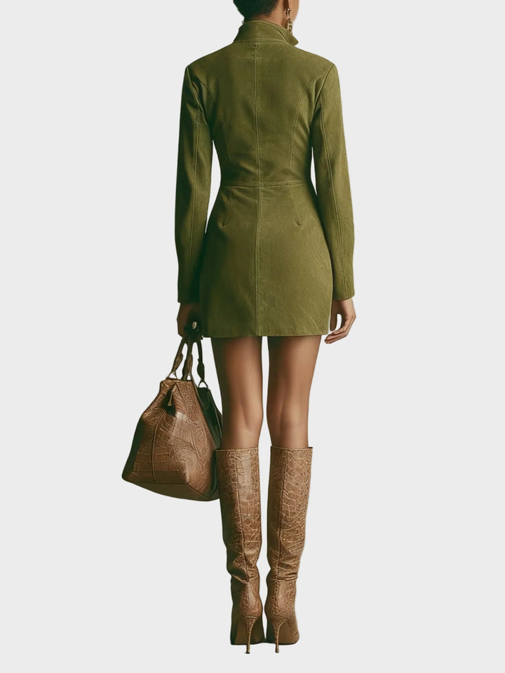 Brown Faux Suede Mini Dress with Stand Collar and Zipper