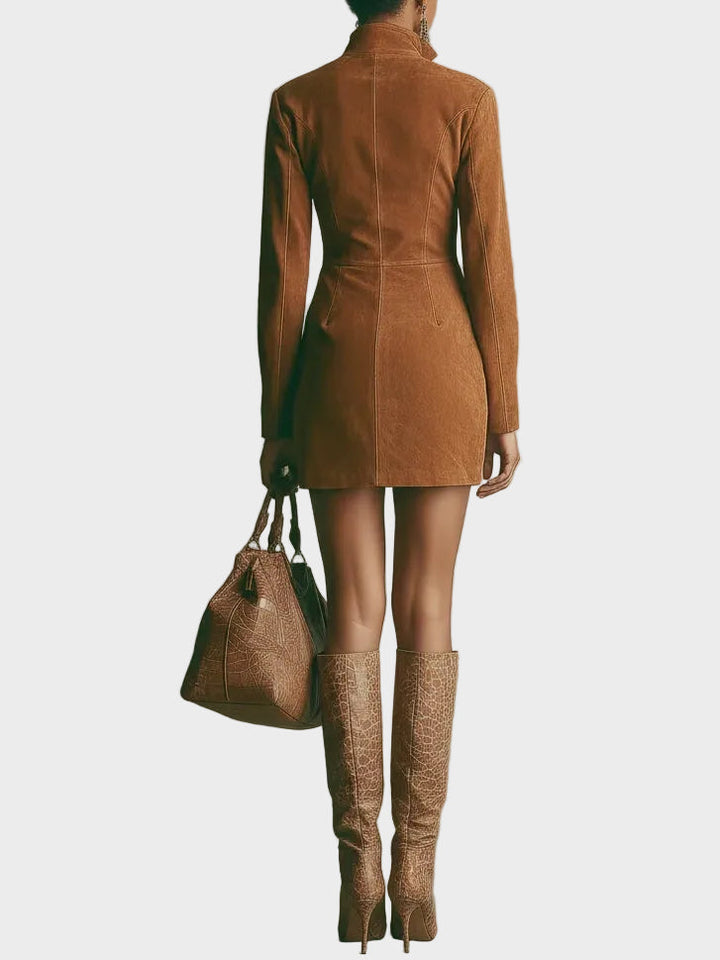 Brown Faux Suede Mini Dress with Stand Collar and Zipper