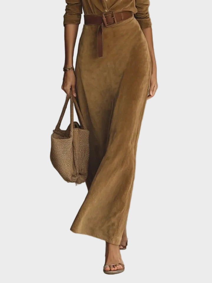 Suede maxi dress with single fastening and collar