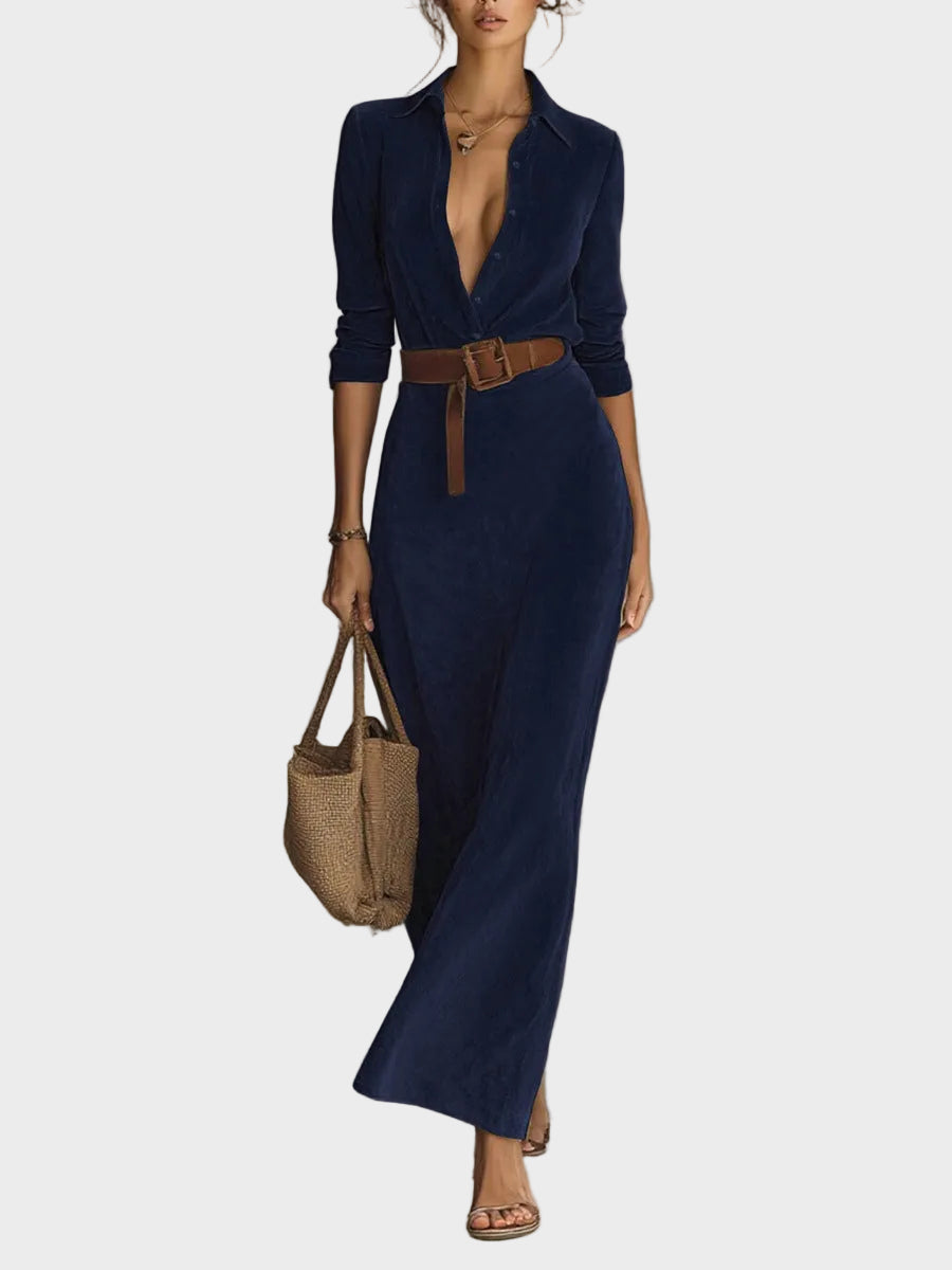 Suede maxi dress with single fastening and collar