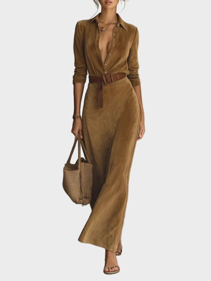 Suede maxi dress with single fastening and collar