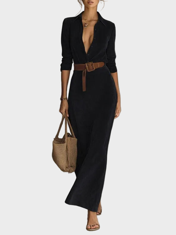 Suede maxi dress with single fastening and collar