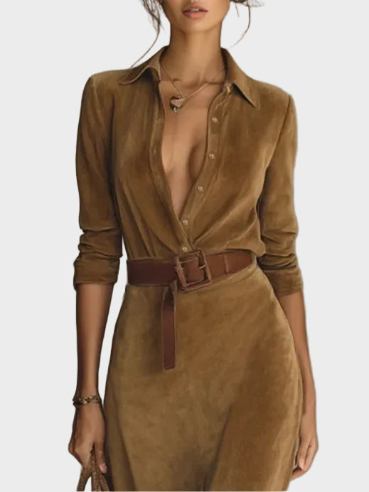 Suede maxi dress with single fastening and collar