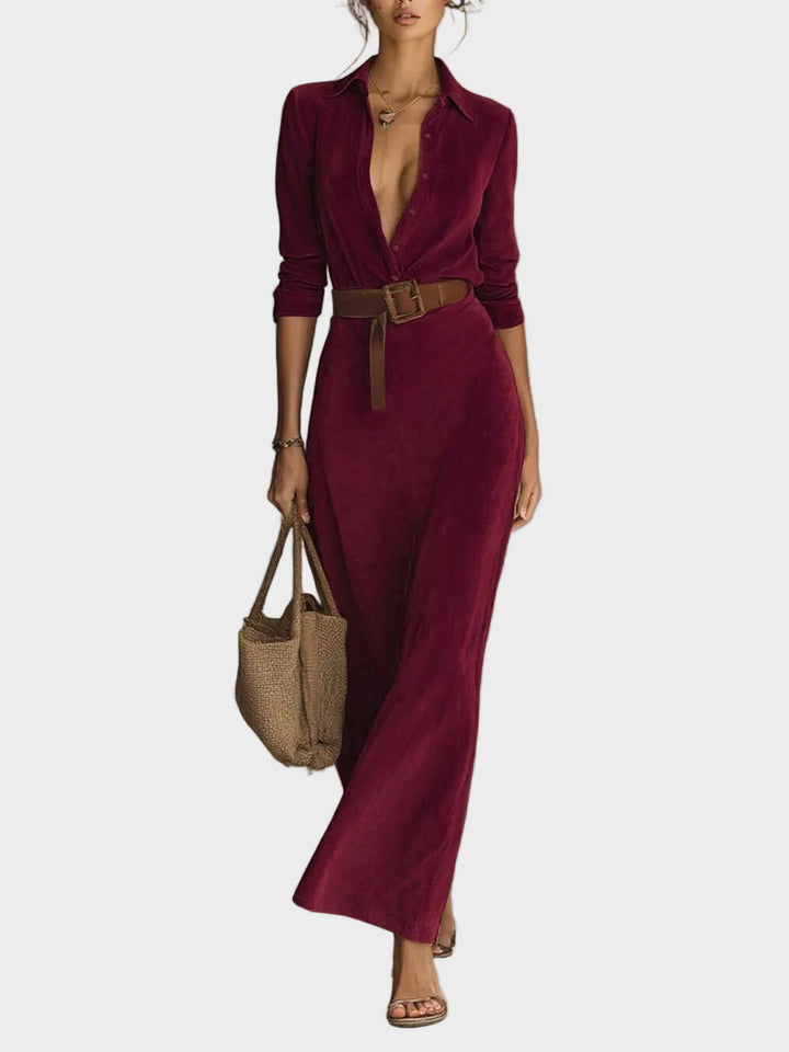 Suede maxi dress with single fastening and collar