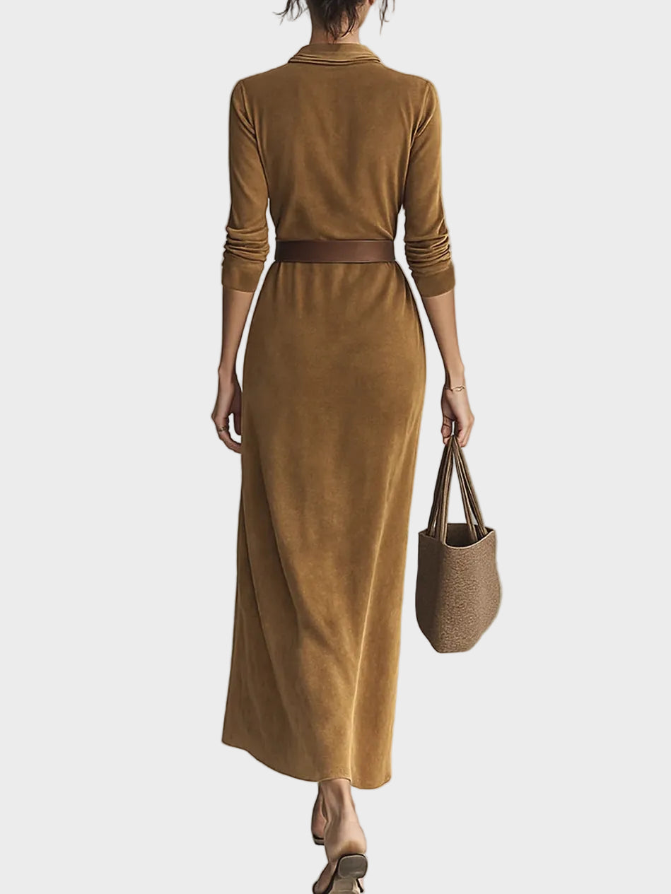 Suede maxi dress with single fastening and collar