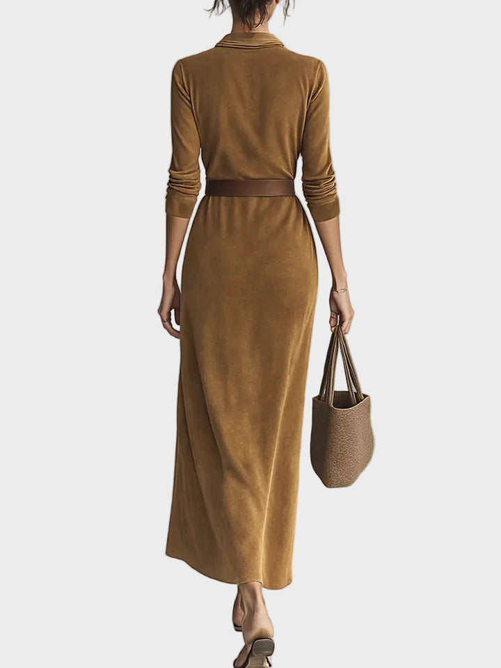 Suede maxi dress with single fastening and collar