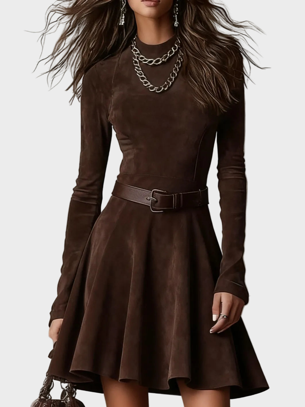 Vintage Dark Brown Suede Dress with Turtleneck