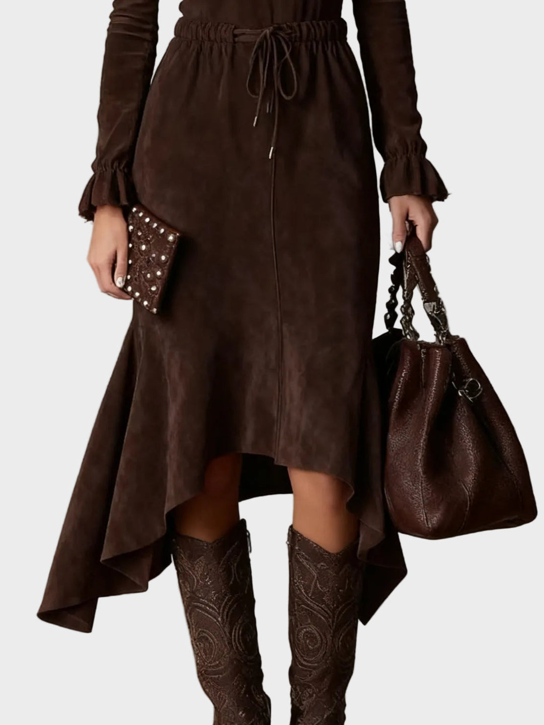 Elegant Dark Brown Suede Midi Dress with Tie