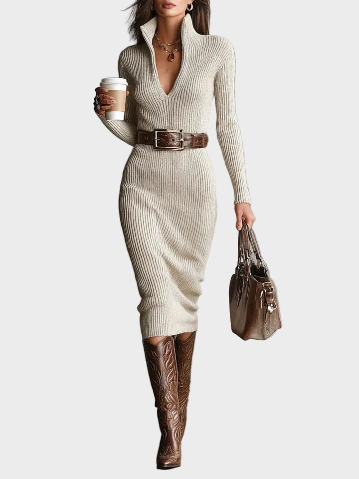Gabriela - Knitted midi dress with a belt and a turtleneck