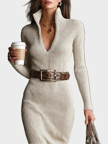 Gabriela - Knitted midi dress with a belt and a turtleneck
