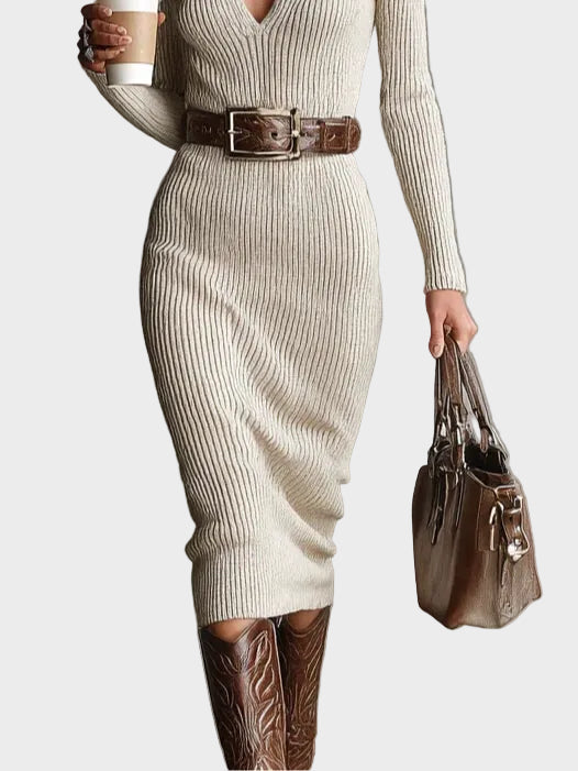 Gabriela - Knitted midi dress with a belt and a turtleneck