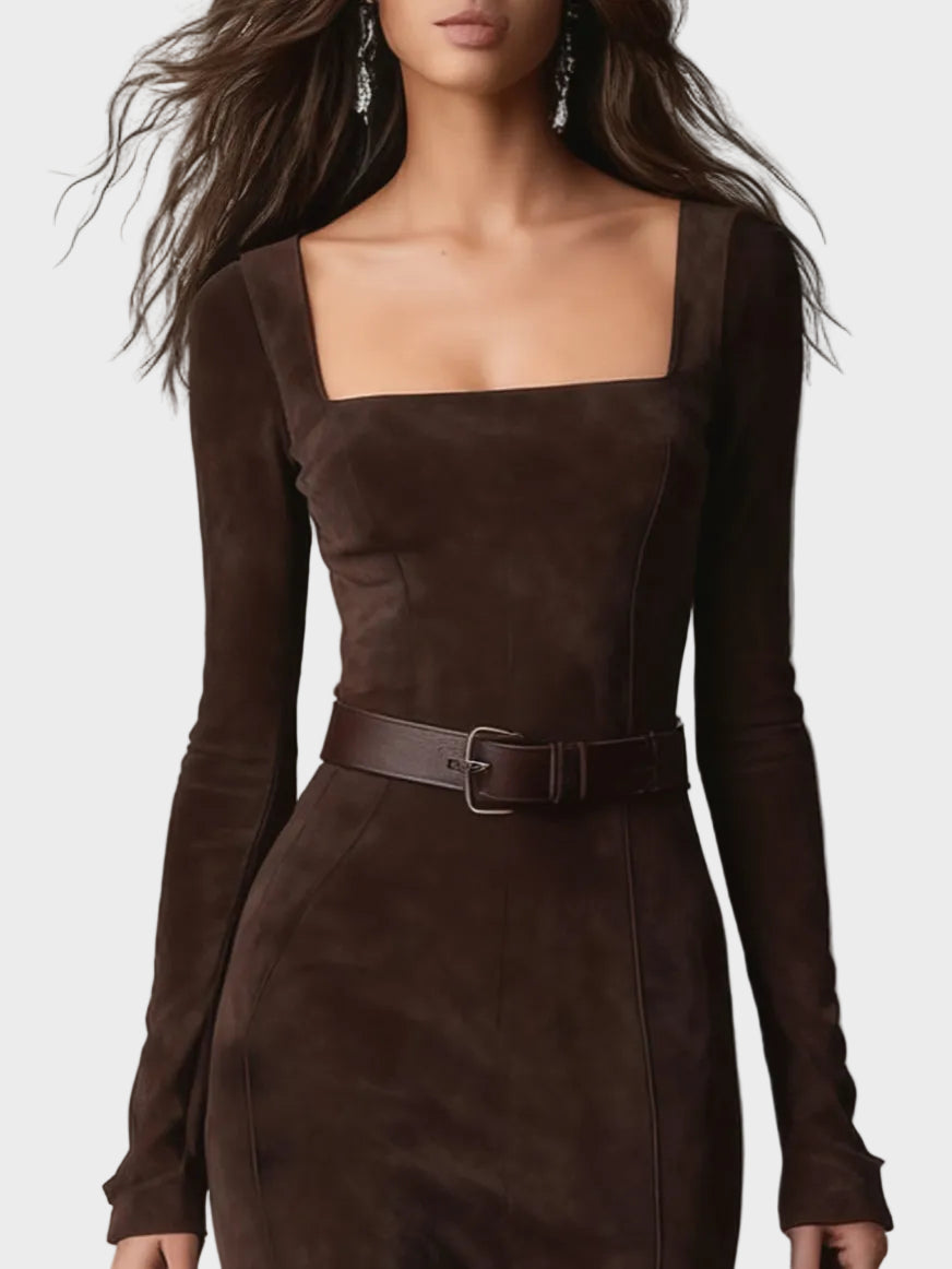 Elegant dark brown maxi dress made of eco-leather with a square neckline