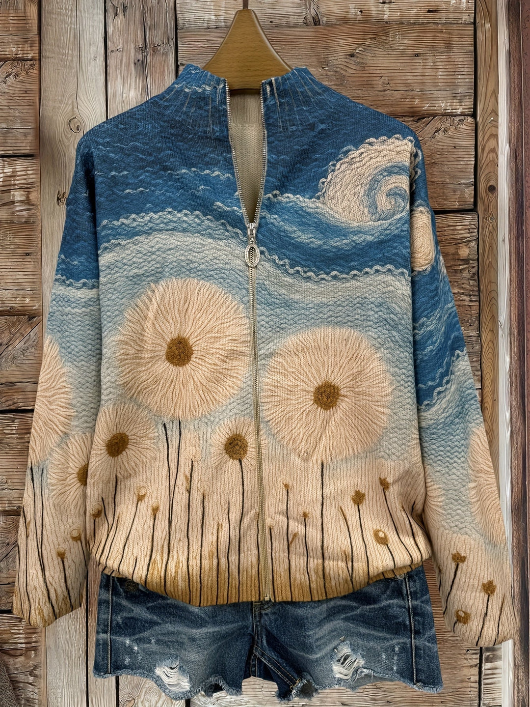 Yolanda - Quilted cardigan with a zipper with dandelion flowers