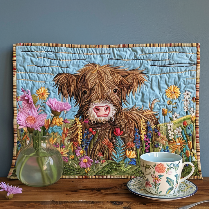 Highland Cow Meadow Fields Quilted Placemat
