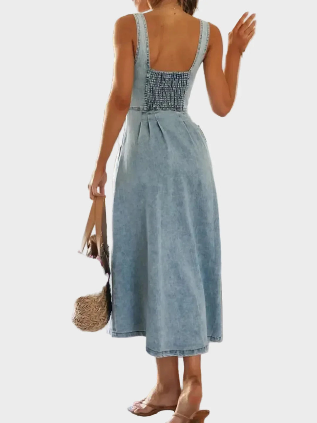 Aneta – Classic shoulderless denim dresses with buttons at the front