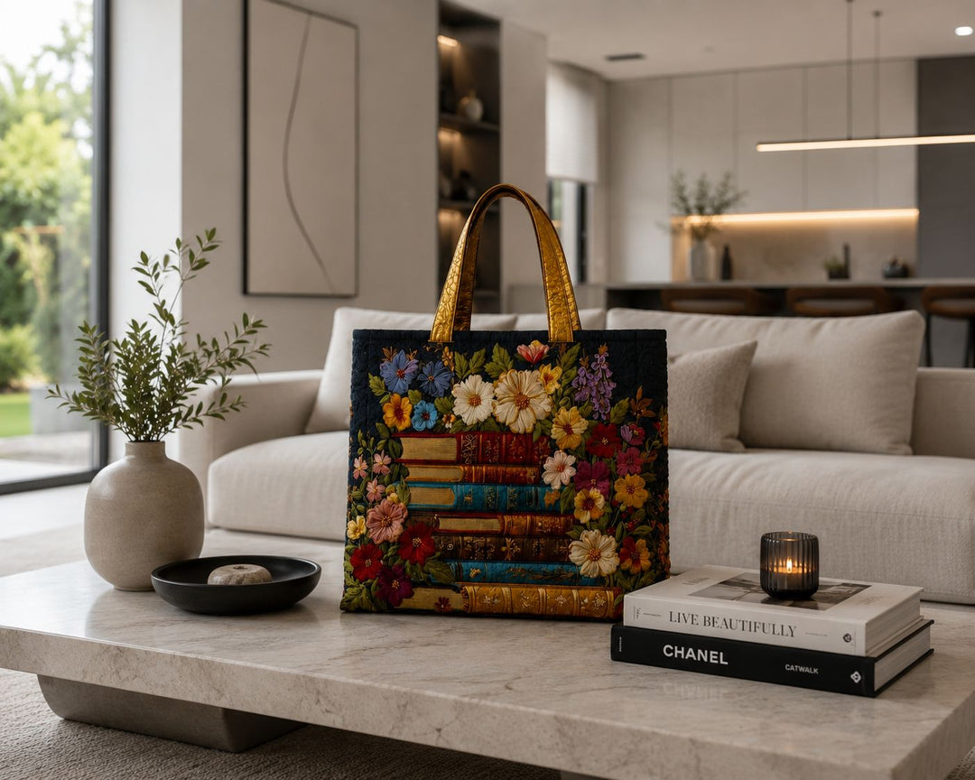 Quilted Tote Bag - Floral and book print