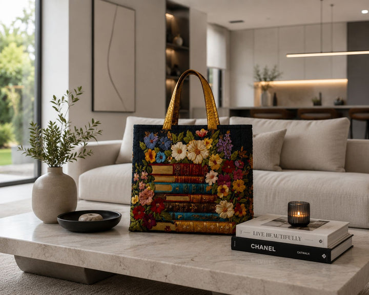Quilted Tote Bag - Floral and book print