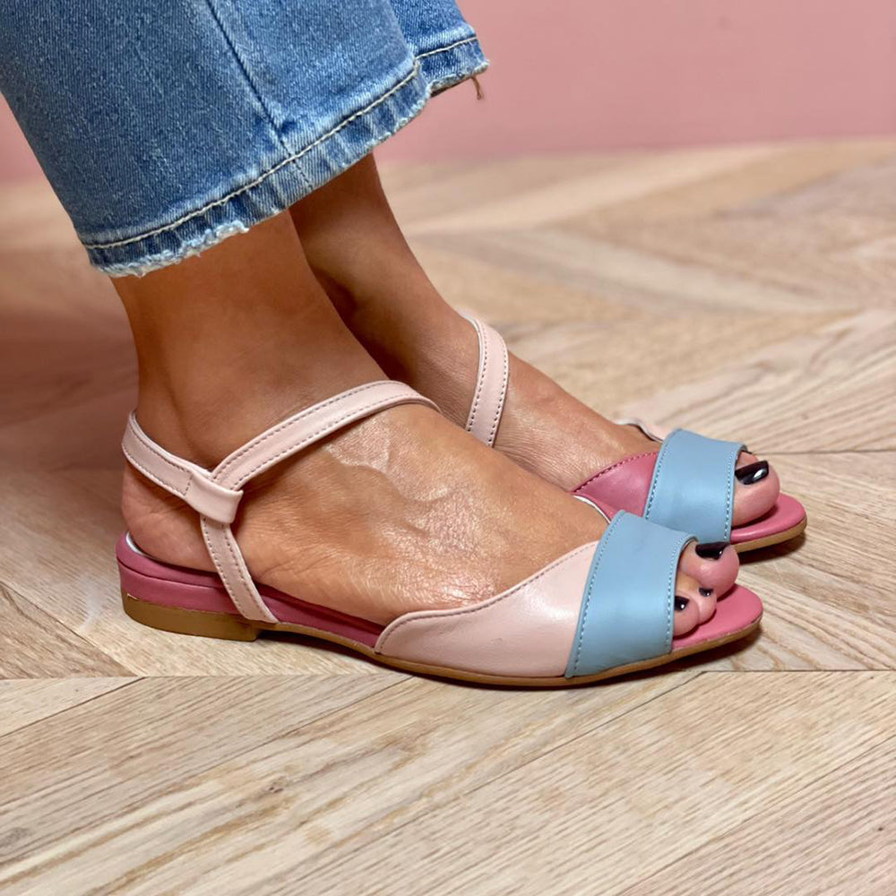 Roselina - Asymmetrical pink sandals in a colour block