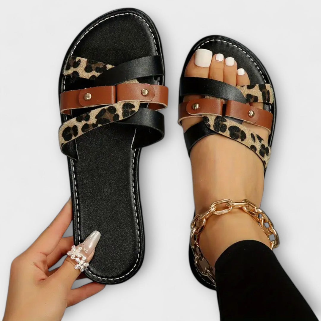Leopard print sandals with cross straps