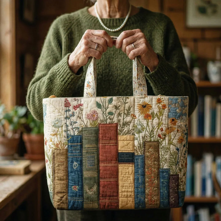 Quilted Tote Bag - Books and Flowers
