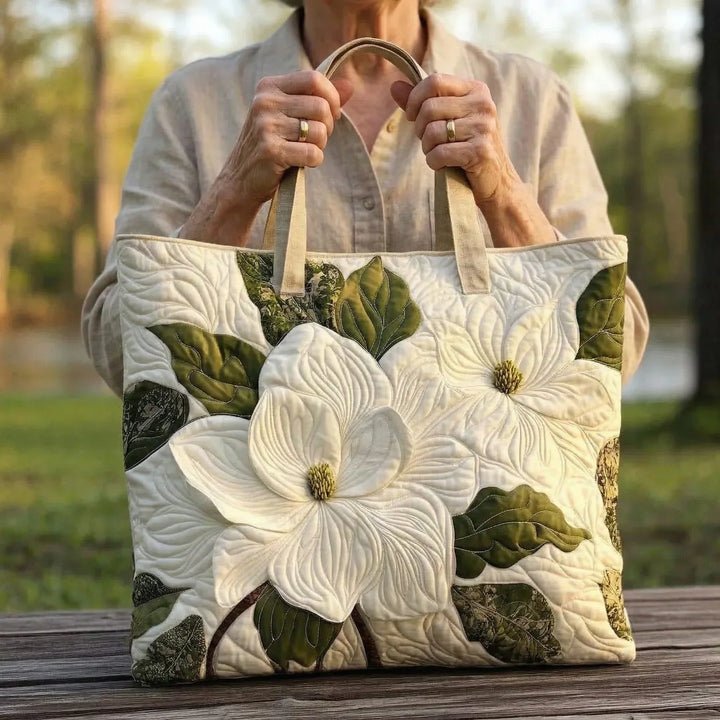 Quilted Tote Bag - Elegant White Lilies