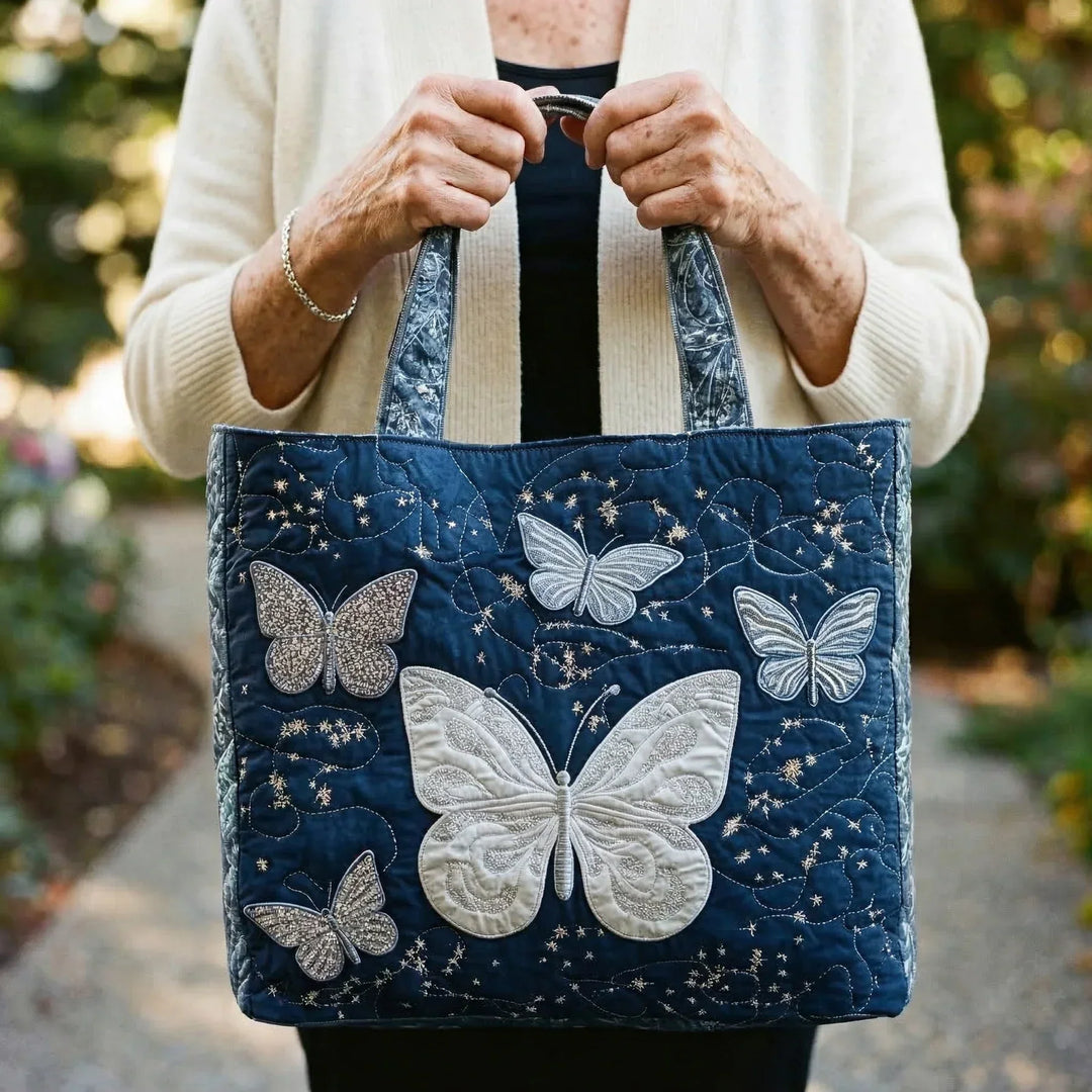 Quilted Tote Bag - Silver Butterfly