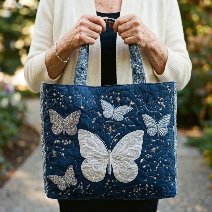 Quilted Tote Bag - Silver Butterfly