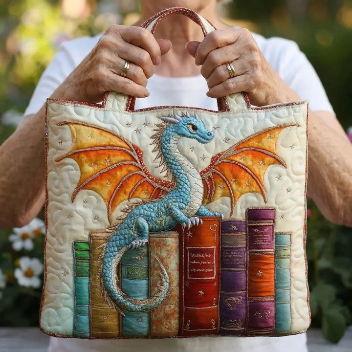 Quilted Tote Bag - Emerald Dragon Book Guardian