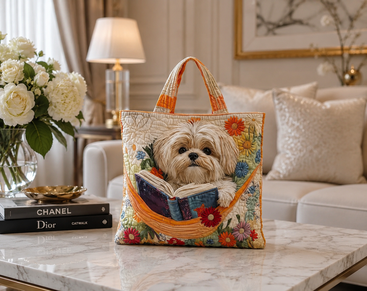 Quilted Tote Bag - Shih Tzu with Books and Flowers