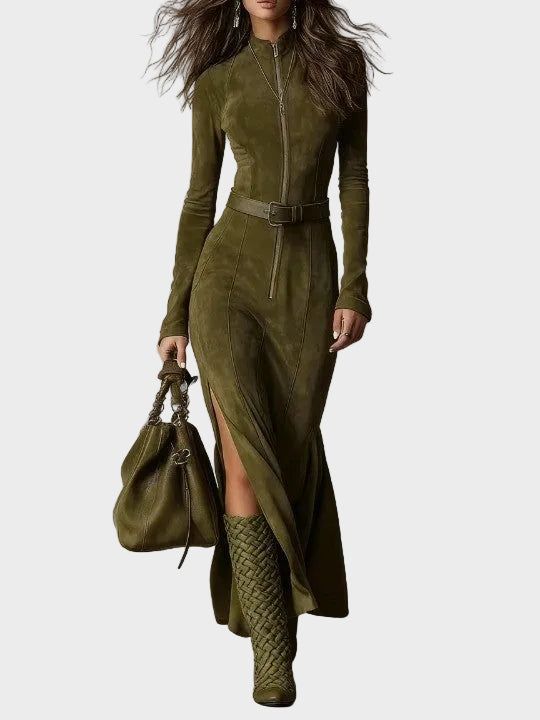 Adrianna - Brown suede maxi dress with a belt and zipper