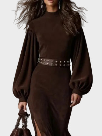 Retro lantern long dress with long sleeves and a semi-high collar