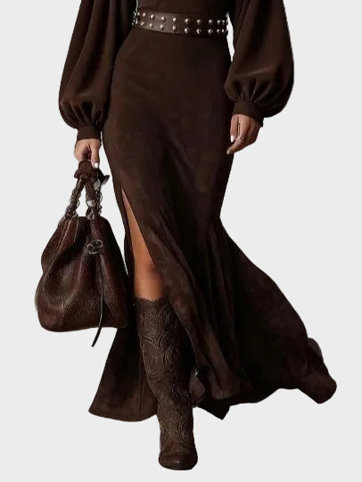 Retro lantern long dress with long sleeves and a semi-high collar