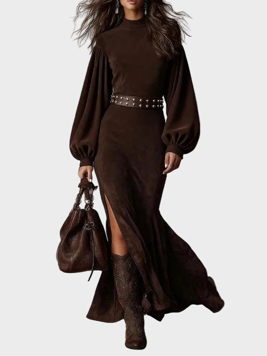 Retro lantern long dress with long sleeves and a semi-high collar