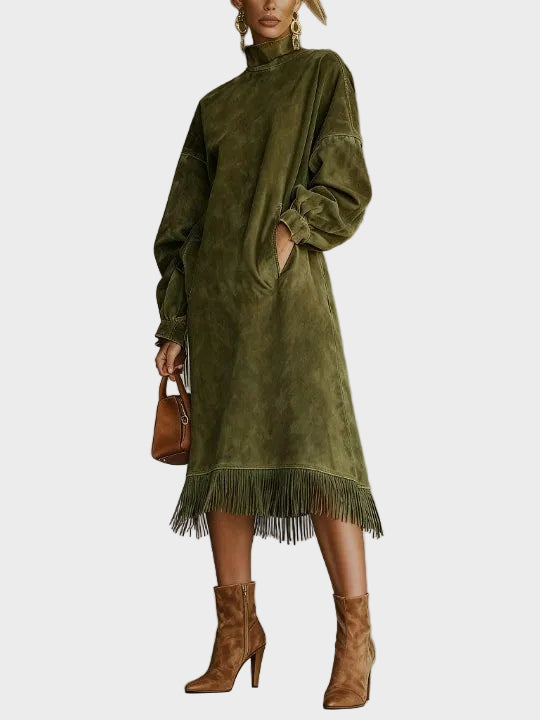 Suede dress with turtleneck and fringe