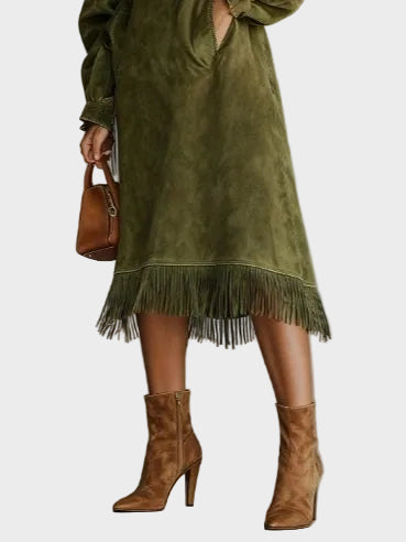 Suede dress with turtleneck and fringe