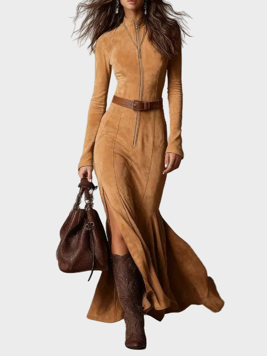 Adrianna - Brown suede maxi dress with a belt and zipper