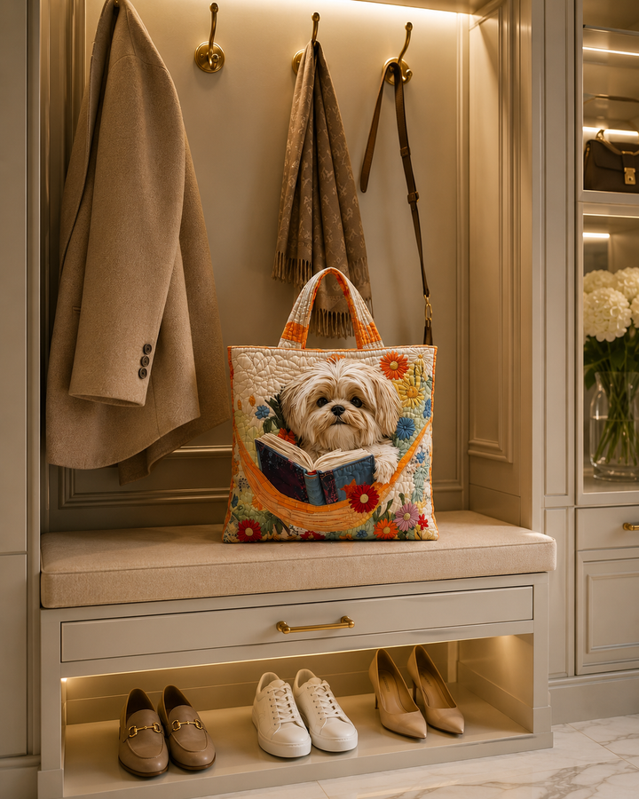 Quilted Tote Bag - Shih Tzu with Books and Flowers