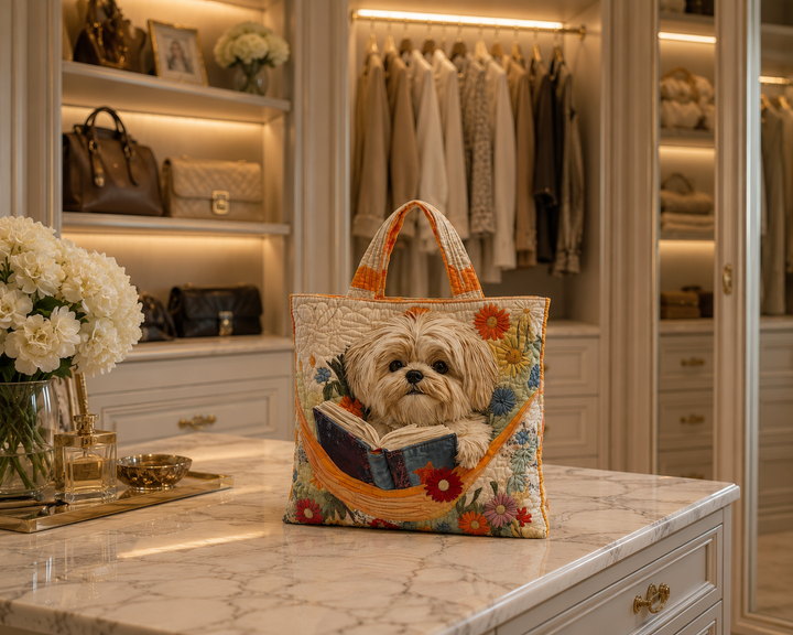 Quilted Tote Bag - Shih Tzu with Books and Flowers